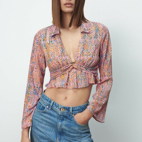 ZARA NWT Printed Cropped Blouse With Buckle Multicolor - Picture 2 of 7